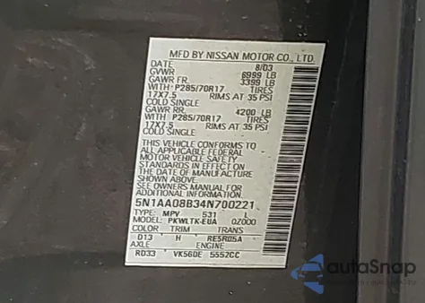 2004 Nissan Pathfinder Armada Se Off-Road z USA, uszkodzony, nr VIN 5N1AA08B34N700221